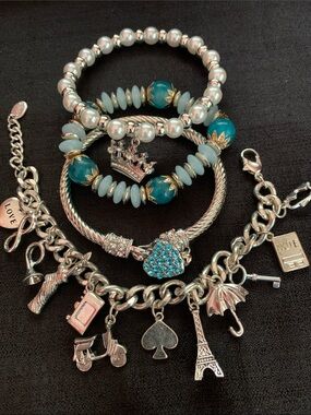 Silver-Tone Charm Bracelet Set with Teal Bead Accents